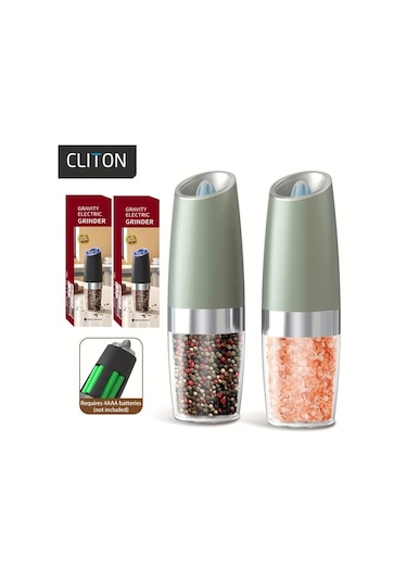 Topshop1 2 Adet Yeşil Plastik Gövdeli Yerçekimi Aktifli Elektrikli Tuz Karabiber Değirmeni Otomatik Öğütme Led Işıklı Ahşap