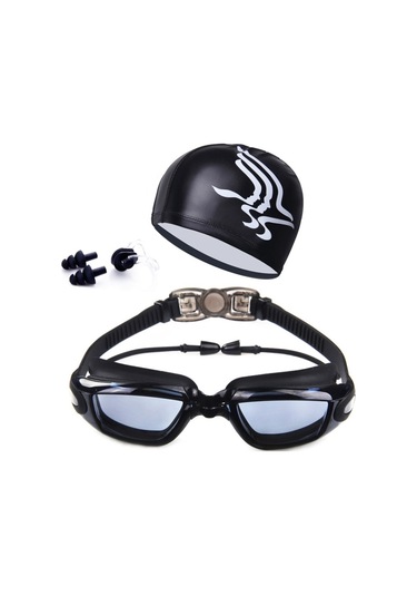 Cbtx Global Yüzme Şapkalı Su Geçirmez Buğu Yapmaz Yüzme Gözlüğü - Siyah