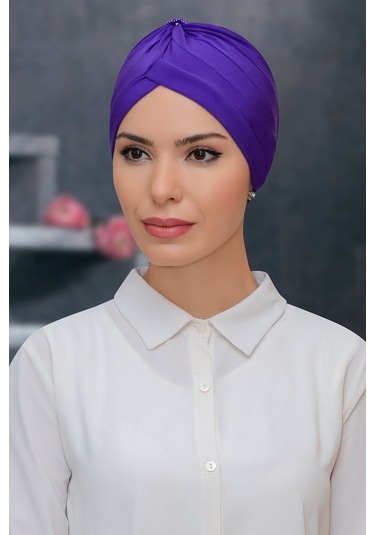 Mor Pratik Hazır Geçmeli Tesettür Bone Sandy Kumaş Taçlı Büzgülü Mor