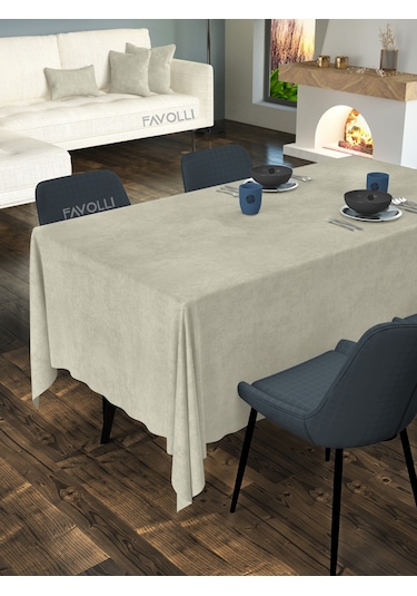 Kadife Dokulu Ekru Renk Masa Örtüsü Ekru