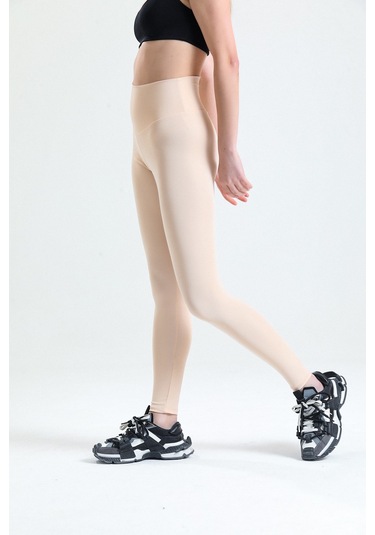 Caramel Yüksek Bel Toparlayıcı Dalgıç Kumaş Spor Günlük Tayt Ekru