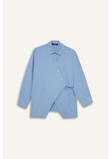 Defacto Regular Fit Gömlek Yaka Önden Bağlamalı Poplin Uzun Kollu Gömlek Tunik F8347ax25aube768 Mavi