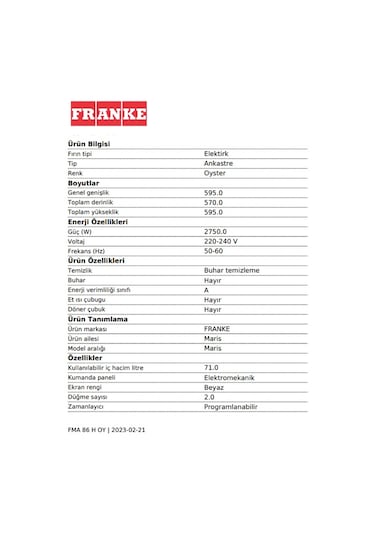 Franke FMA 86 H OY Maris Osyter 71 L Ankastre Fırın