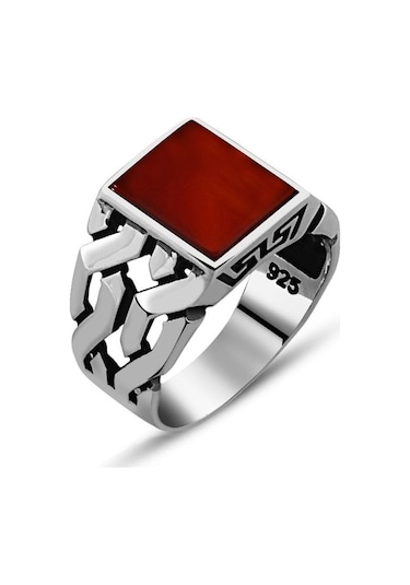 Zincir Tasarım Kırmızı Akik Taşlı 925 Ayar Gümüş Erkek Yüzük (429371152)