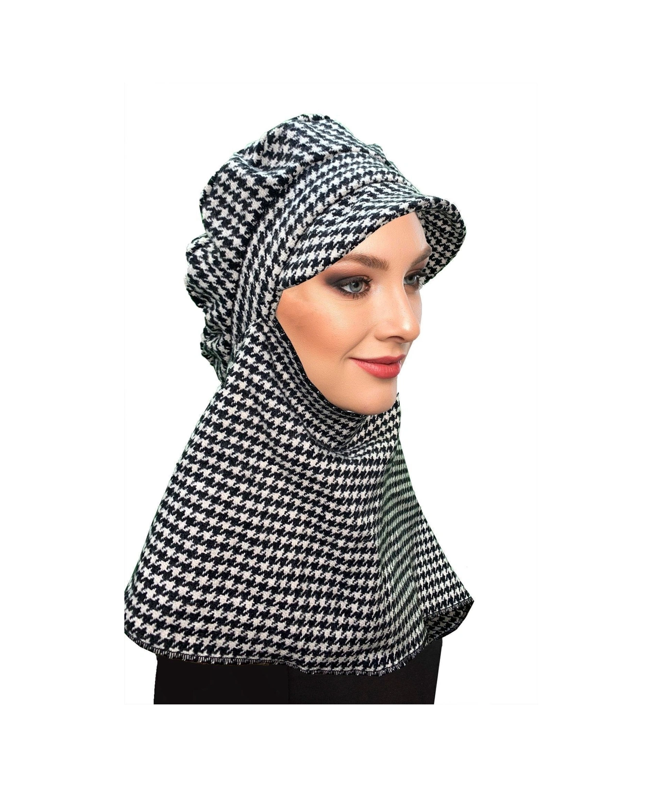 Yün Kasket Şapka Atkılı Küçük Kazayağı Desenli Siyah-krem Hazır Türban Tesettür Bone Bere Siyah-beyaz