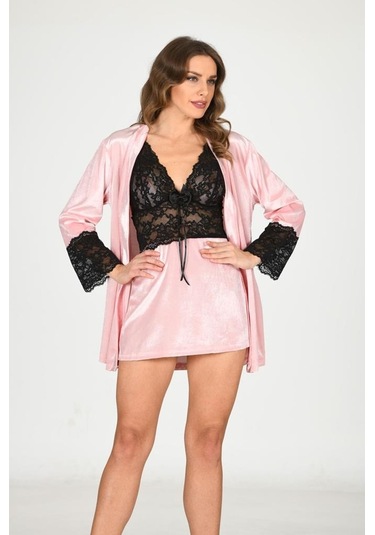 Sistina Bayan Dantelli Pudra Kadife Sabahlık Gecelik Takım 1446 Pudra