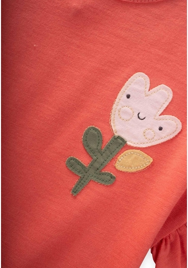 Cigit Lale Aplikeli Kız T-shırt 1-7 Yaş Mercan Mercan