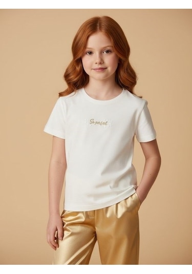 Zekids Kız Çocuk Tasarım T-shirt-17201 Ekru