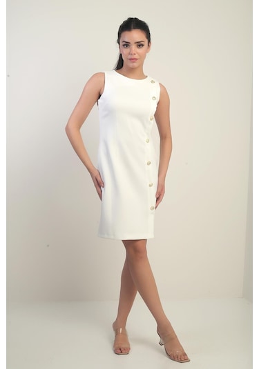 Kadın Kendinden Telalı Yan Düğmeli Kısa Elbise-41015 Ekru