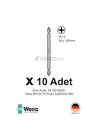 Alveta Wera 851/24 Ph2 X 200mm Tornavida Ucu 10 Adet Yıldız Vidalama Bits Seti Profesyonel Seri