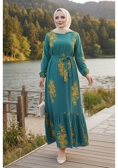 Bestenur Noyra Desenli Viskon Elbise 1722 - Yeşil