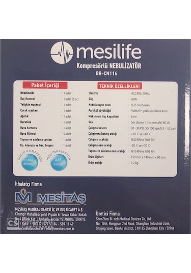 Mesilife BR-CN116 Kompresörlü Nebulizatör