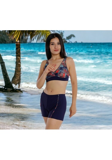Shopiolog Kruvaze Desenli Şortlu Büyük Beden Bikini