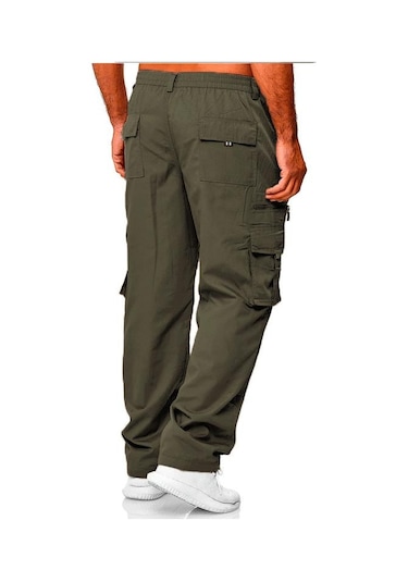 Erkek İlkbahar Ve Sonbahar Düz Paça Düz Renk Kargo Pantolon Günlük Çok Cepli Uzun Pantolon Bol Kesim Açık Hava Fitness Pantolonu Haki