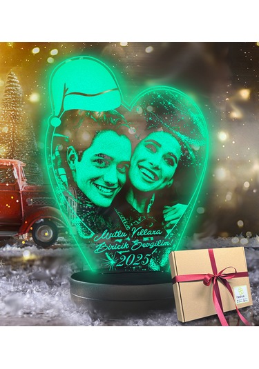 Yılbaşı Hediyesi Kişiye Özel Noel Baba Şapkalı Kalp 3d Led Gece L