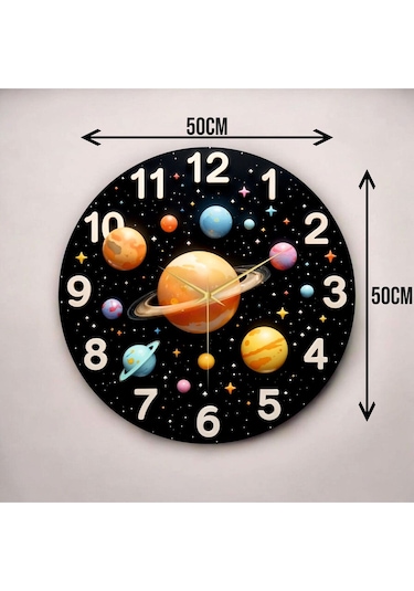 Renkli Baskı Gezegen Ve Uzay Desenli Sayılı Hediyelik Ahşap Sessiz Çocuk Duvar Saati 50cm ÇOk Renkli