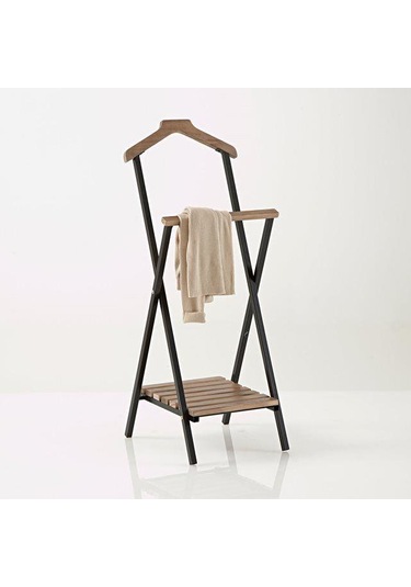 Özel Seri Meşe Ahşap Dilsiz Uşak Siyah Metal Çift Tepeli Ayaklı Askı Raflı Model Siyah