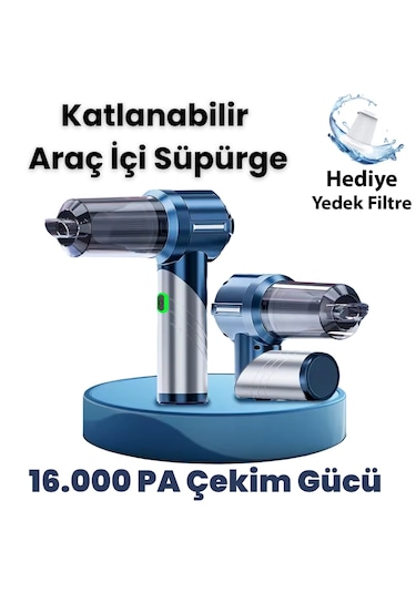 Yeni 16000pa Güçlü Portatif Vakumlu Ve Üflemeli Katlanabilir Araç Içi Süpürge Pro Hl-133 Mavi