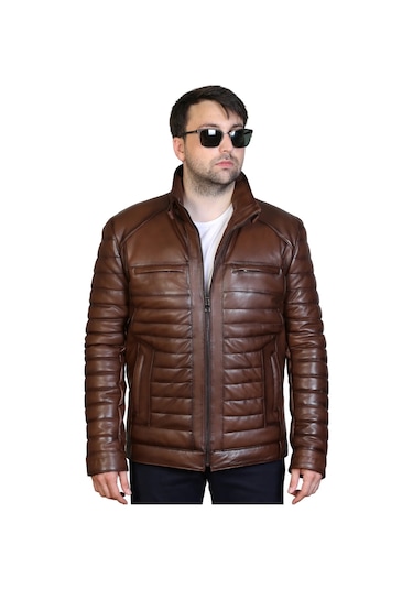Derije Hakiki Deri Erkek Kahverengi Şişme Mont Kahverengi