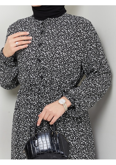 Düğme Detaylı Çiçekli Viskon Elbise - Siyah / E0123 Siyah