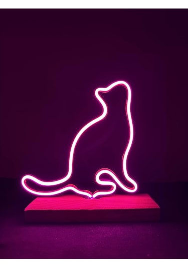 Kedi Figürlü Pembe Neon Gece Lambası Çok Renkli