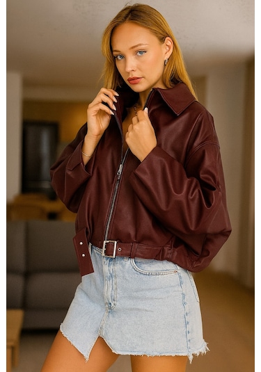 Prifaldi Oversize Bomber Deri Ceket Bordo