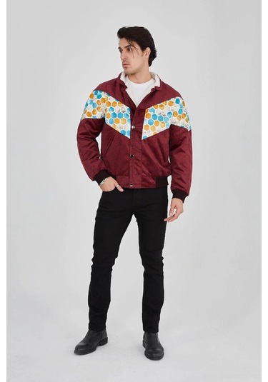 Erkek İçi Astarlı İçten Yaka Kısmı Peluşlu Beyaz Şeritli Vintage Ceket - Mürdüm Siyah