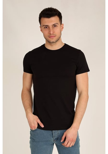 Erkek Siyah Slim Fit Bisiklet Yaka Basic T-shirt Siyah