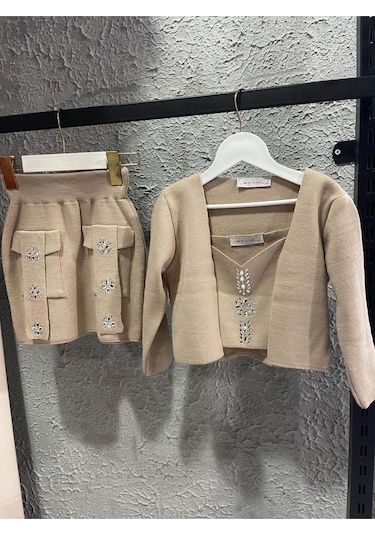 Riccotarz Kız Çocuk Askılı Bluz Hırka Ve Elmas Taş İşlemeli Cepli Bej Triko Etekli Takım Bej