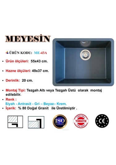 Meyesin ME-43A Tezgah Altı Granit Mutfak Eviyesi Antrasit 43 x 55 CM