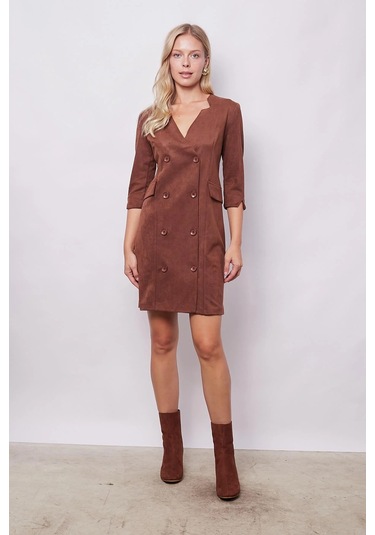 Kadın Kadife Likralı Yumuşak Dokulu Kruvaze Kapri Truvakar Kol Kolu Yırtmaçlı Ofis Ceket Elbise-fındık Kabuğu Fındık Kabuğu