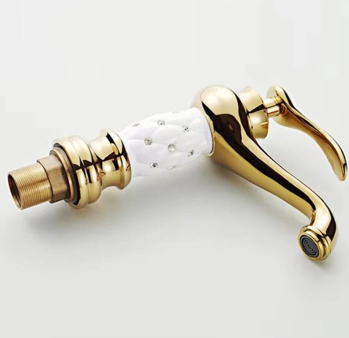 Fleko Lavabo Bataryası Antik Gold Beyaz Kabartma Desenli 20 Cm Yükseklik Banyo Lavabo Bataryası Gold