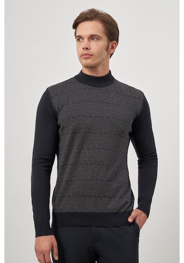 Koyu Lacivert Uzun Kol Kendinden Örme Yarım Balıkçı Yaka Classic Comfort Fit Triko 1012245152 Koyu Lacivert