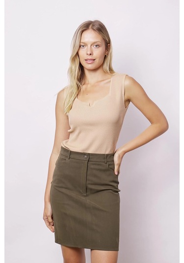 Kadın Cep Detaylı Diz Üstü Hafif Likralı Pamuklu Kumaş Kalem Etek-haki Haki