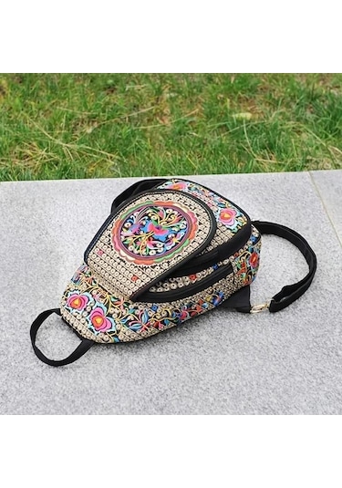 Yogodlns El Yapımı Işlemeli Tasarım Kanvas Sırt Çantası Kadın Küçük Etnik Sırt Çantası Sırt Çantası Kadın Seyahat Çok Fonksiyonlu Omuz Göğüs Çantası Renk