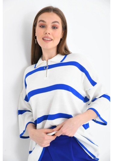 Polo Yaka Fermuarlı Çizgili Salaş Mevsimlik Trko Kazak Saks Saks Mavisi