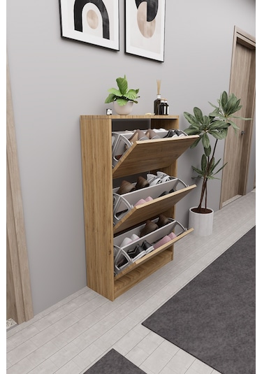 Mirobi Kembe 3 Bölmeli Açılır Modern Dekoratif Ayakkabılık Çam Çam
