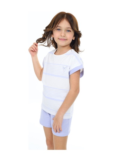 Toontoy Kız Çocuk Çizgili Kalp Nakışlı Şortlu Takım Mavi