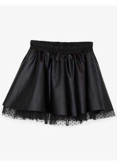 Kız Çocuk İçi Tüllü Bel Lastikli Deri Etek-15493 Siyah