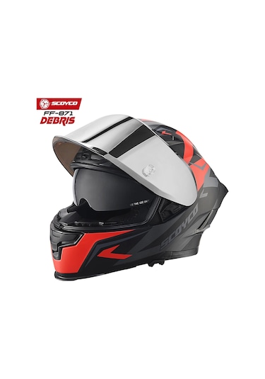 Scoyco FF-871 Gri Camlı Debris Güneş Vizörlü Kapalı Kask Mat Kırmızı - Siyah
