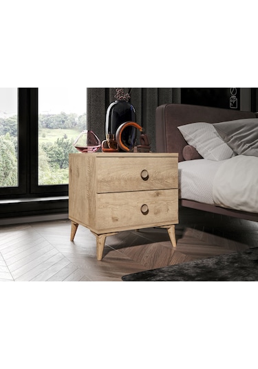 Fındık 2 Çekmeceli Meşe Komodin - Tamamı 1. Kalite Mdflam