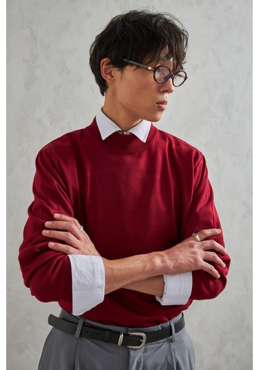 Erkek Yarım Balıkçı Oversize Basıc Triko Kazak Bordo