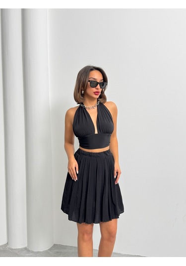 Kadın Modal Dokulu Piliseli Şortlu Mini Etek Siyah