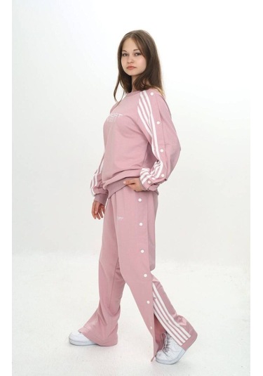 Unisex Çocuk 2 İplik Çıtçıtlı Alt&üst Eşofman Takımı %100 Pamuk Rahat Kalıp-299-eşt-0006 Pudra