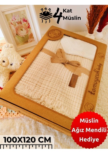 4 Kat Müslin Mint Yeşil Saçaklı Bebek Battaniyesi 100x120 Cm- %100 Pamuklu & Çok Amaçlı Battaniye Ekru