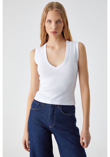 GRIMELANGE Lescosa Kadın Slim V Yaka Kolsuz Beyaz T-shirt Beyaz