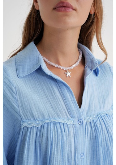 4677 Kadın Dantel Detaylı Müslin Gömlek Bebe Mavi Bebe Mavi