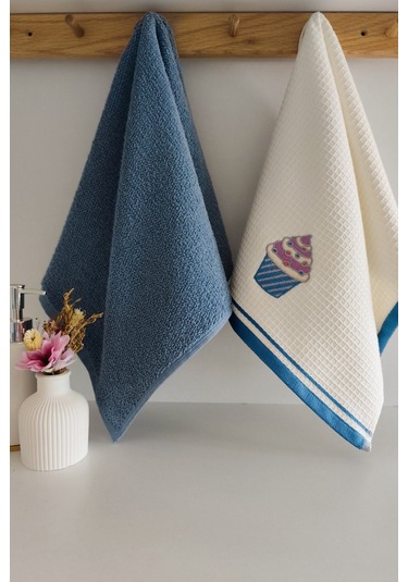 2 Li Mutfak Havlusu %100 Pamuk - Cupcake Nakışlı - 40x60 Cm Indıgo Indigo