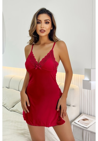 Merry See Dantelli Yanlardan Derin Yırtmaçlı Gecelik Kırmızı