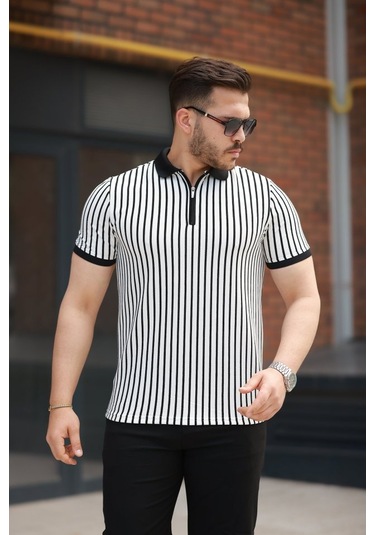 Erkek Çizgili Fermuar Yakalı Kısa Kollu Tişört Ekru - Siyah
